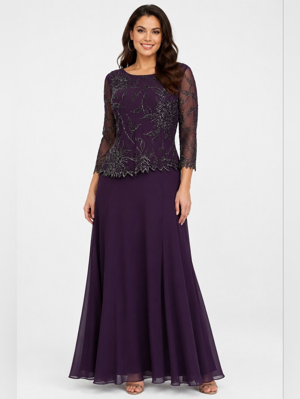 J Kara Plum Beaded Lace & Chiffon Maxi Gown